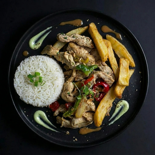 Plated dish with rice, chicken, vegetables, and fries on a dark background