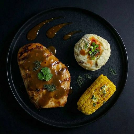 Plated dish with meat, corn, and mashed potato on a dark background