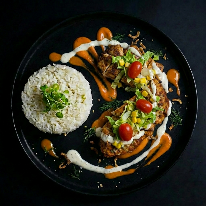 Plated dish with rice, salad, and meat on a dark background