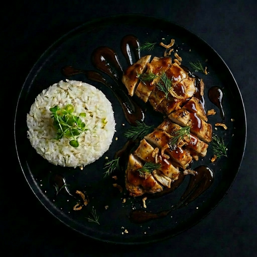 Plated dish with sliced meat, rice, and herbs on a dark background