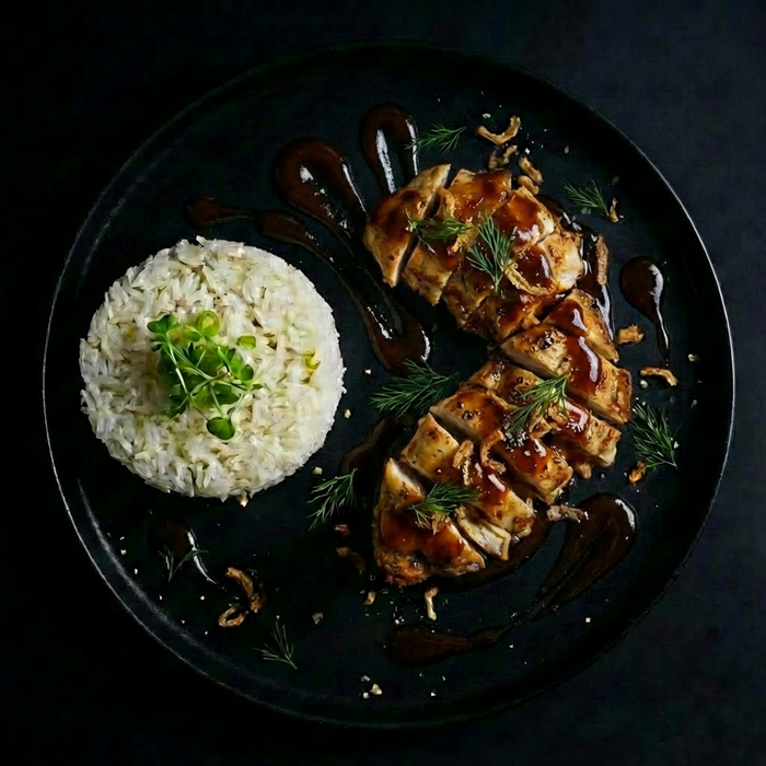 Plated dish with sliced meat, rice, and herbs on a dark background
