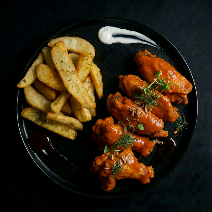 Plated dish of crispy chicken wings and fries on a dark background