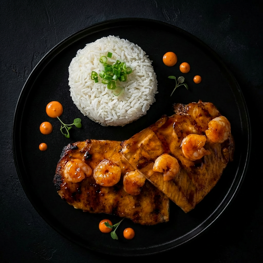 Plated dish with chicken breast, shrimp, and white rice on a black plate.
