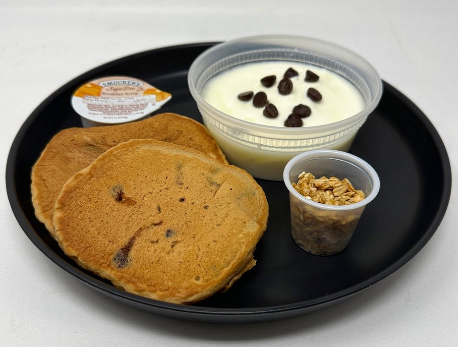 (2) High protein Chocolate Chip Pancakes paired with our high protein low-fat Greek yogurt parfait -Harrison NJ Meal Preps