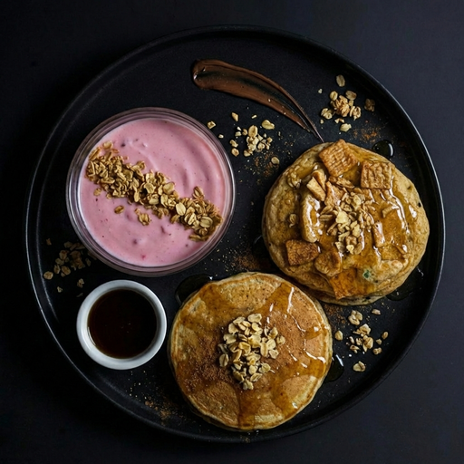 Two pancakes on a black plate with a side of pink yogurt and syrup.