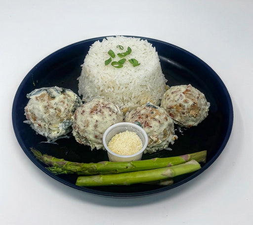 High protein ground chicken meatballs tossed in house creamy garlic parmesan sauce and paired with jasmine rice and green beans - Saddle Brook NJ Meal Preps