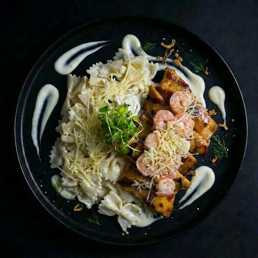 Plated dish with pasta, shrimp, and a creamy sauce on a dark background