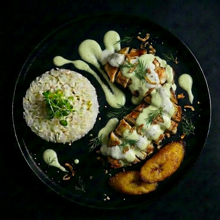Plated dish with rice, chicken, and vegetables on a dark background
