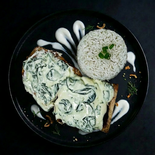 Plated dish with spinach artichoke dip on toast and a side of rice.