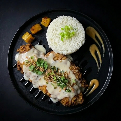 Plated dish with chicken, rice, and vegetables on a dark background