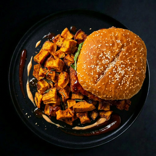 Hamburger with sesame seed bun and sweet potato cubes on a dark plate