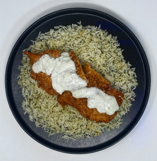 Crispy chicken paired with cilantro brown rice, Cauliflower florets and white gravy sauce cup - Newark NJ Meal Preps