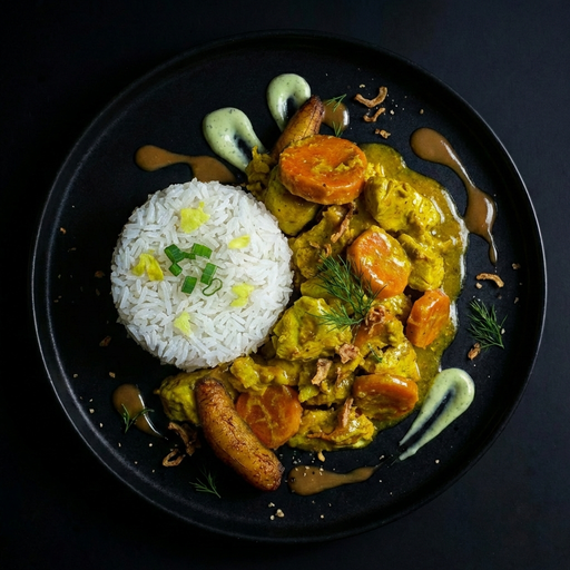 Plated dish with curry, rice, and vegetables on a black background