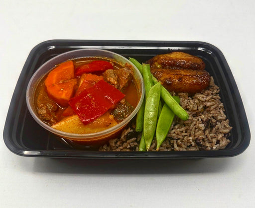 Our Homemade Beef Stew is served with black bean-infused rice paired with sweet plantains and green beans - Wyckoff NJ Meal Prep