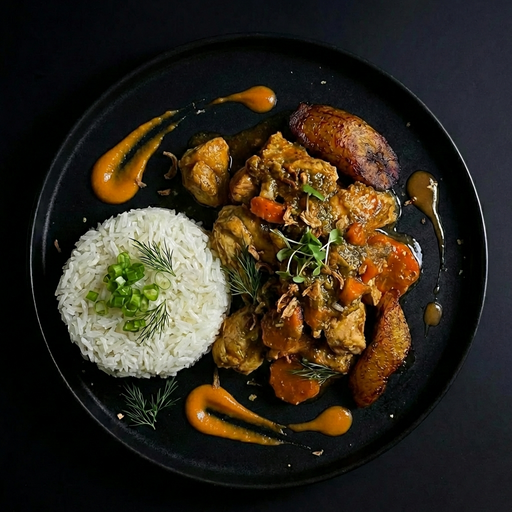 Plated dish with rice, fried chicken, and vegetables on a dark background