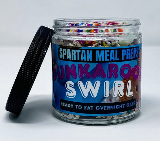 Jar of Spartan Meal Preps Sunkarock Swirl overnight oats with a black lid on a white background