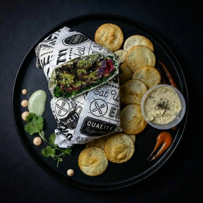 Wrap with vegetables on a black plate with chips and dip, on a dark background
