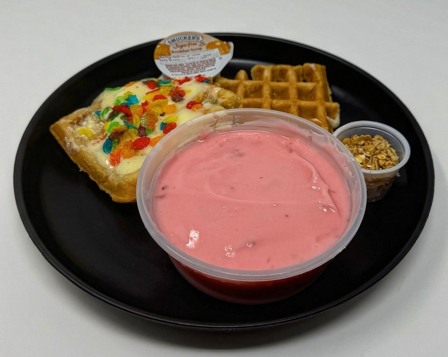 Delicious protein infused fruity pebbles waffle paired with strawberry yogurt parfait. - Ridgefield NJ Meal Preps