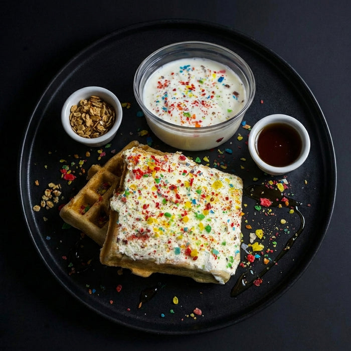 Waffle with colorful toppings on a black plate with syrup and granola.