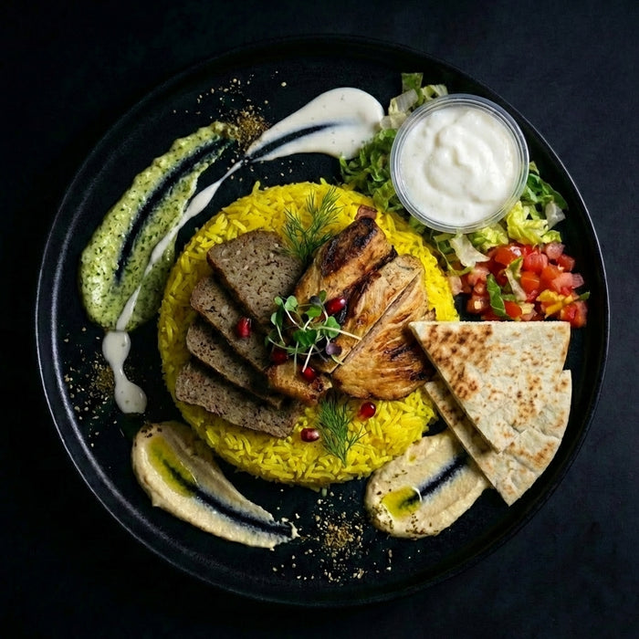 Plated dish with yellow rice, grilled meats, and vegetables on a dark background.