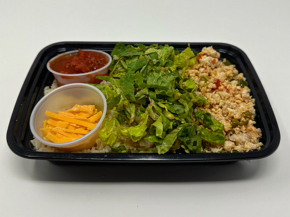 Seasoned ground chicken paired with jasmine rice, corn, lettuce shreds and a side of our house salsa - Harriman NJ Meal Prep