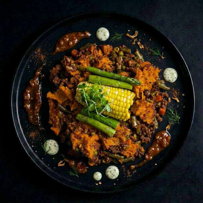 Plated dish with ground meat, vegetables, and corn on a dark background