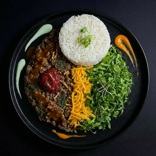 Plated dish with rice, ground meat, cheese, and greens on a black background