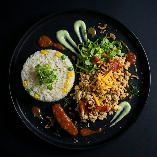 Plated meal with rice, ground meat, and vegetables on a black plate.