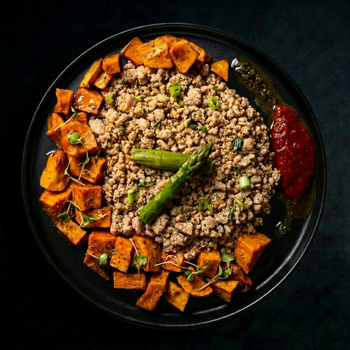 Plated dish with ground meat, roasted sweet potatoes, and asparagus on a dark background