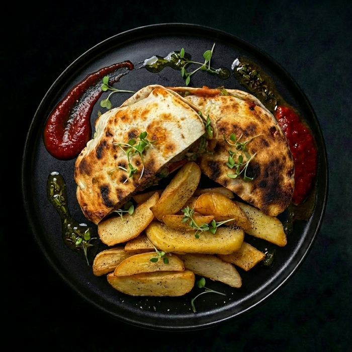 Plated dish with bread, potatoes, and red sauce on a dark background. A meal made by spartan meal preps.