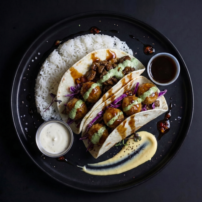 Overhead shot of a plated food dish on a black plate: two soft tacos filled with browned meat and green sauce, served with white rice, purple cabbage, two small dipping cups, and a yellow sauce smear on a dark background.