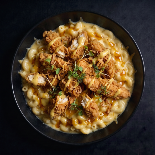 Overhead shot of a black bowl filled with creamy macaroni pasta topped with crispy fried chicken pieces, drizzled with sauce and garnished with microgreens, set against a dark textured background.
