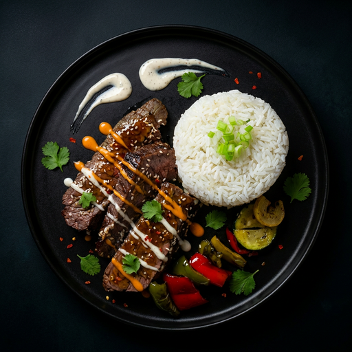 Plated dish with steak, rice, and vegetables on a dark background
