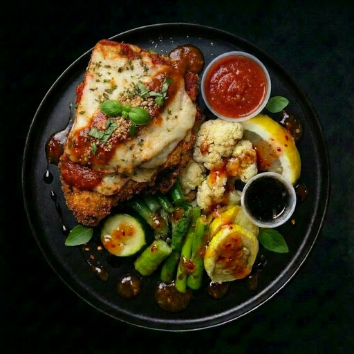 Plated dish with breaded chicken, vegetables, and sauces on a dark background