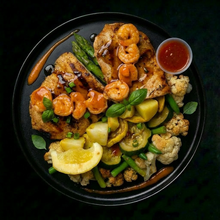 Plated dish with shrimp, vegetables, and a side of sauce on a dark background