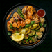 Plated dish with shrimp, vegetables, and a side of sauce on a dark background