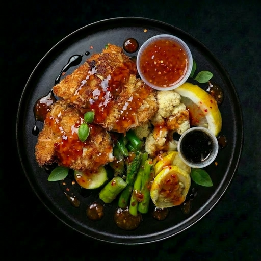Plated dish with fried chicken, vegetables, and sauces on a dark background