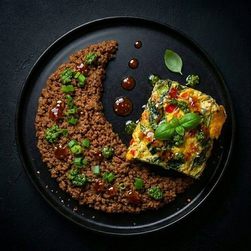 Two pieces of food on a black plate with a dark background
