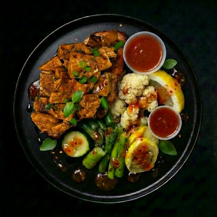 Plated dish with grilled chicken, vegetables, and sauces on a dark background
