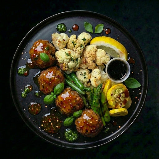 Plated dish with meatballs, cauliflower, green beans, and lemon on a dark background