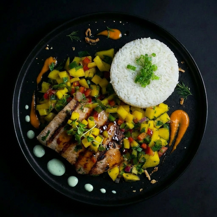 Plated dish with grilled meat, mango salsa, and white rice on a dark background