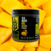 Sea moss gel container labeled 'Mango Punch' on a background of mango slices