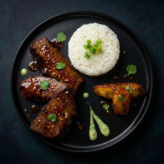 Plated dish with grilled meat, white rice, and vegetables on a dark background