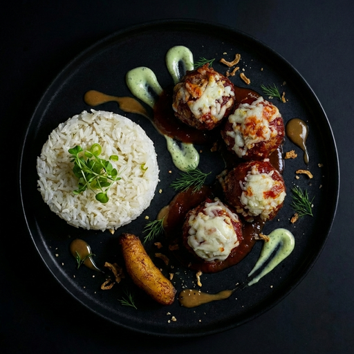 Plated dish with rice, meatballs, and sauces on a dark background