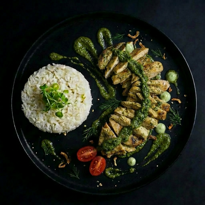 Plated dish with rice, chicken, and vegetables on a dark background