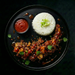 Plated dish with rice, ground meat, and sauce on a dark background