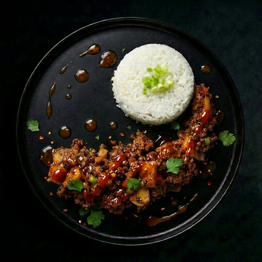 Plated dish with rice and ground meat on a dark background