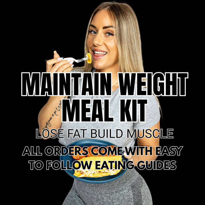 A woman with blonde hair holding a fork to her mouth, wearing a gray top and skirt, with a bowl of food at her waist. Large white text over a black background reads 'MAINTAIN WEIGHT MEAL KIT' and additional promotional text below.