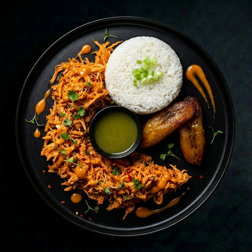 Plated dish with shredded food, rice, plantains, and a green sauce on a dark background