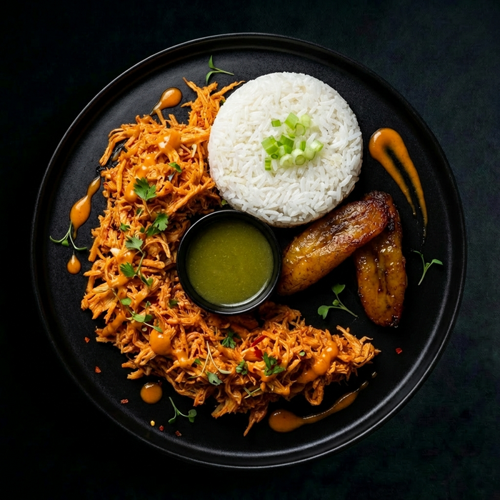 Plated dish with shredded food, rice, plantains, and a green sauce on a dark background